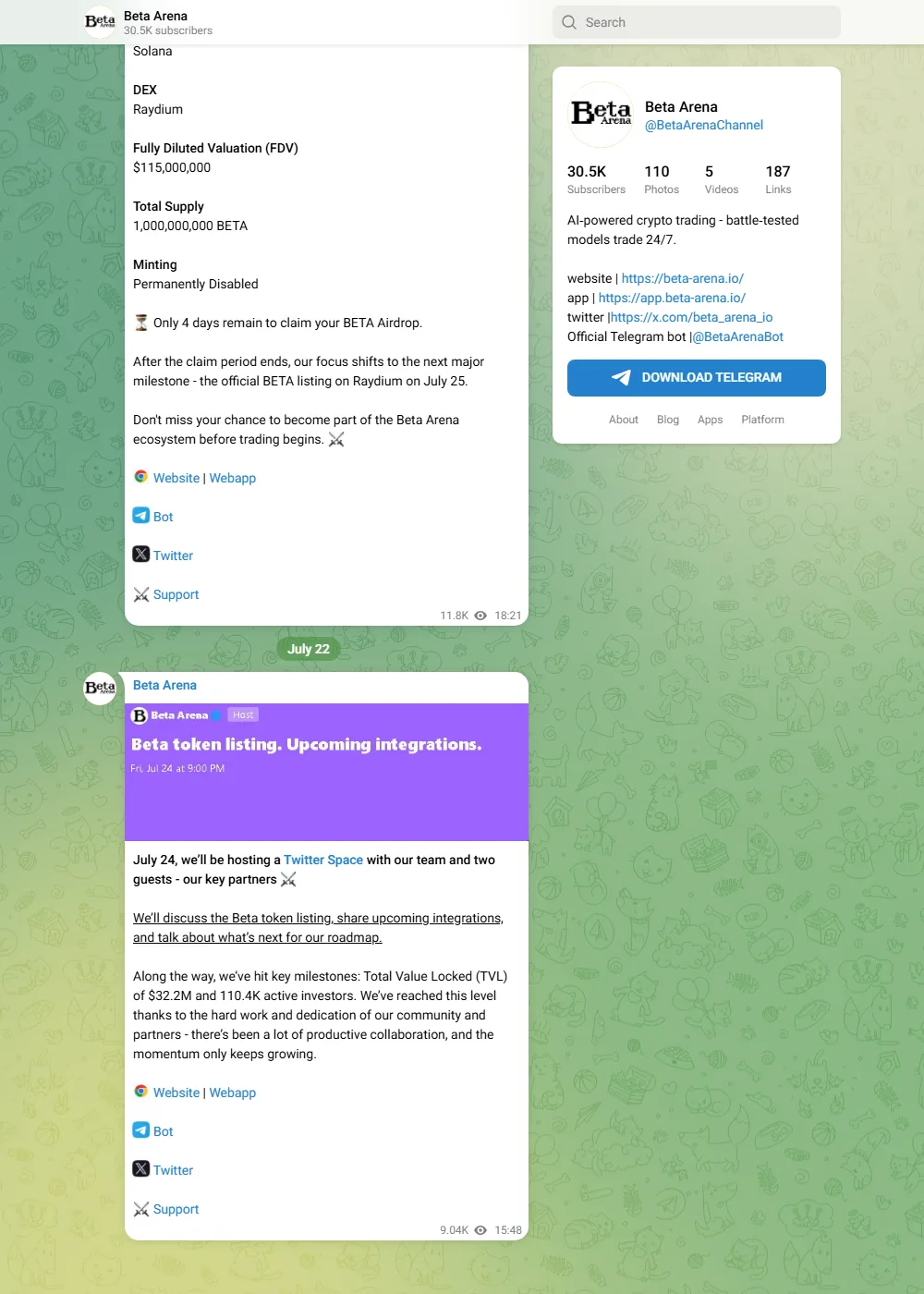 Официальный Telegram-канал Beta Arena: 30,5 тыс. подписчиков, заявления о 110,4 тыс. активных инвесторов и TVL 32,2 млн долларов, анонс токена BETA и листинга на Raydium