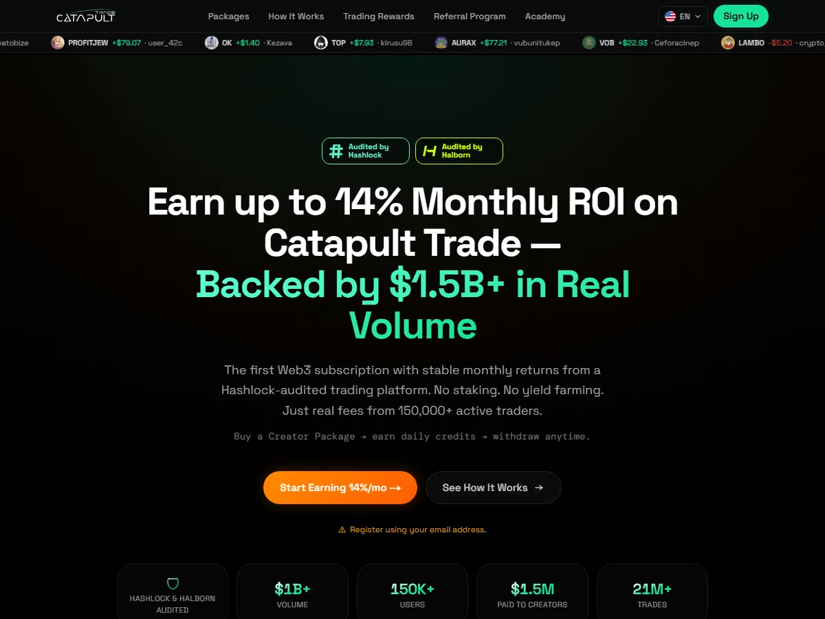 Сайт catapulttrade.pro: «Заработай до 14% в месяц на Catapult Trade», бейджи «Audited by Hashlock» и «Audited by Halborn», пакеты создателя, бегущая строка выплат