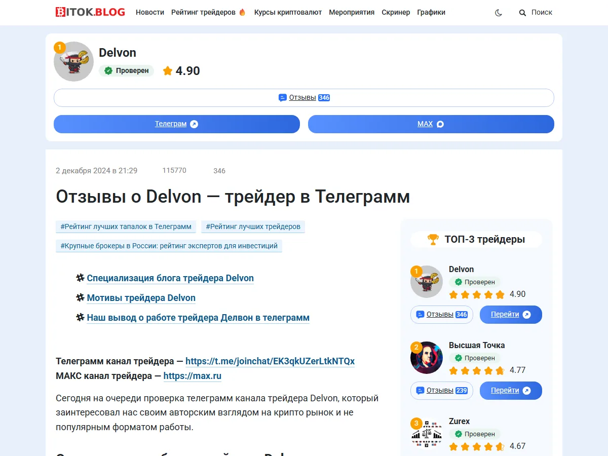 Страница Delvon на bitok.blog: статус «Проверен», рейтинг 4,90, 346 отзывов, кнопки Телеграм и MAX, аватар ниндзя с монетой, справа топ-3 с «Высшей Точкой» и Zurex