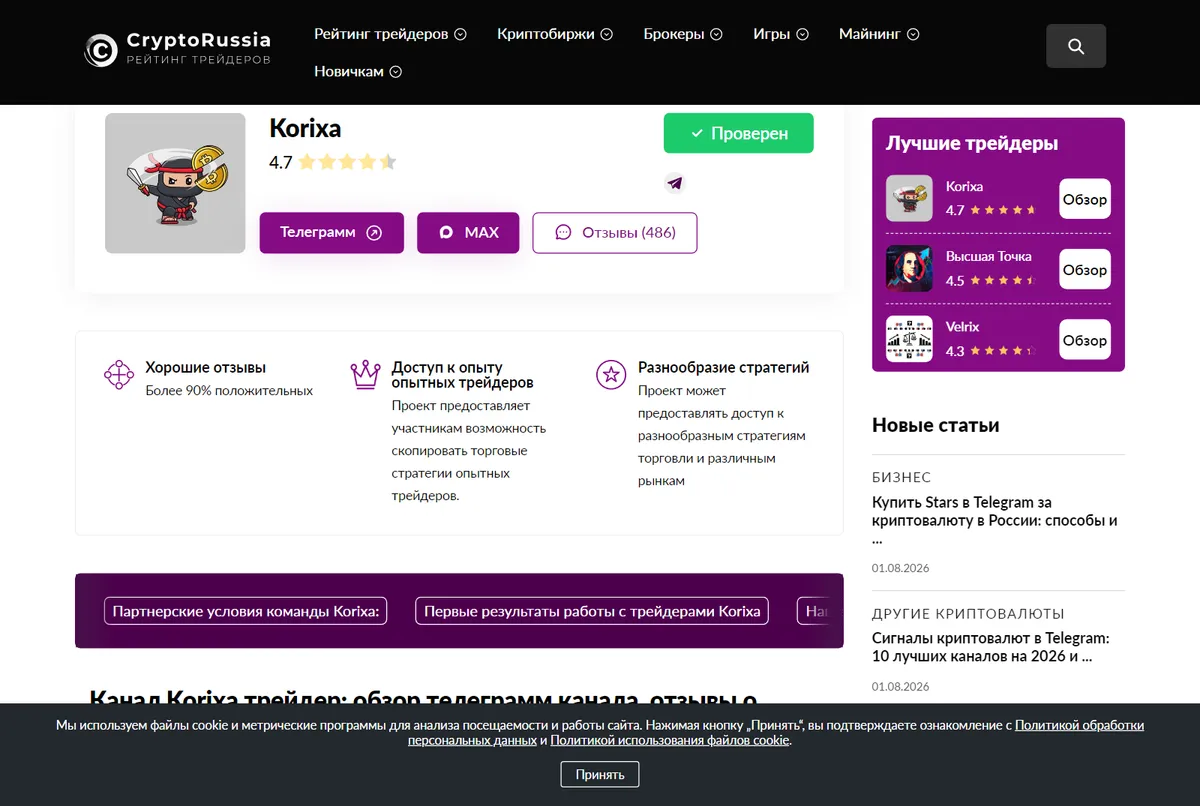 Страница Korixa на CryptoRussia: первое место рейтинга, зелёный бейдж «Проверен», оценка 4,7, кнопки «Телеграмм» и MAX, счётчик «Отзывы (486)», справа обойма «Высшая Точка» и Velrix