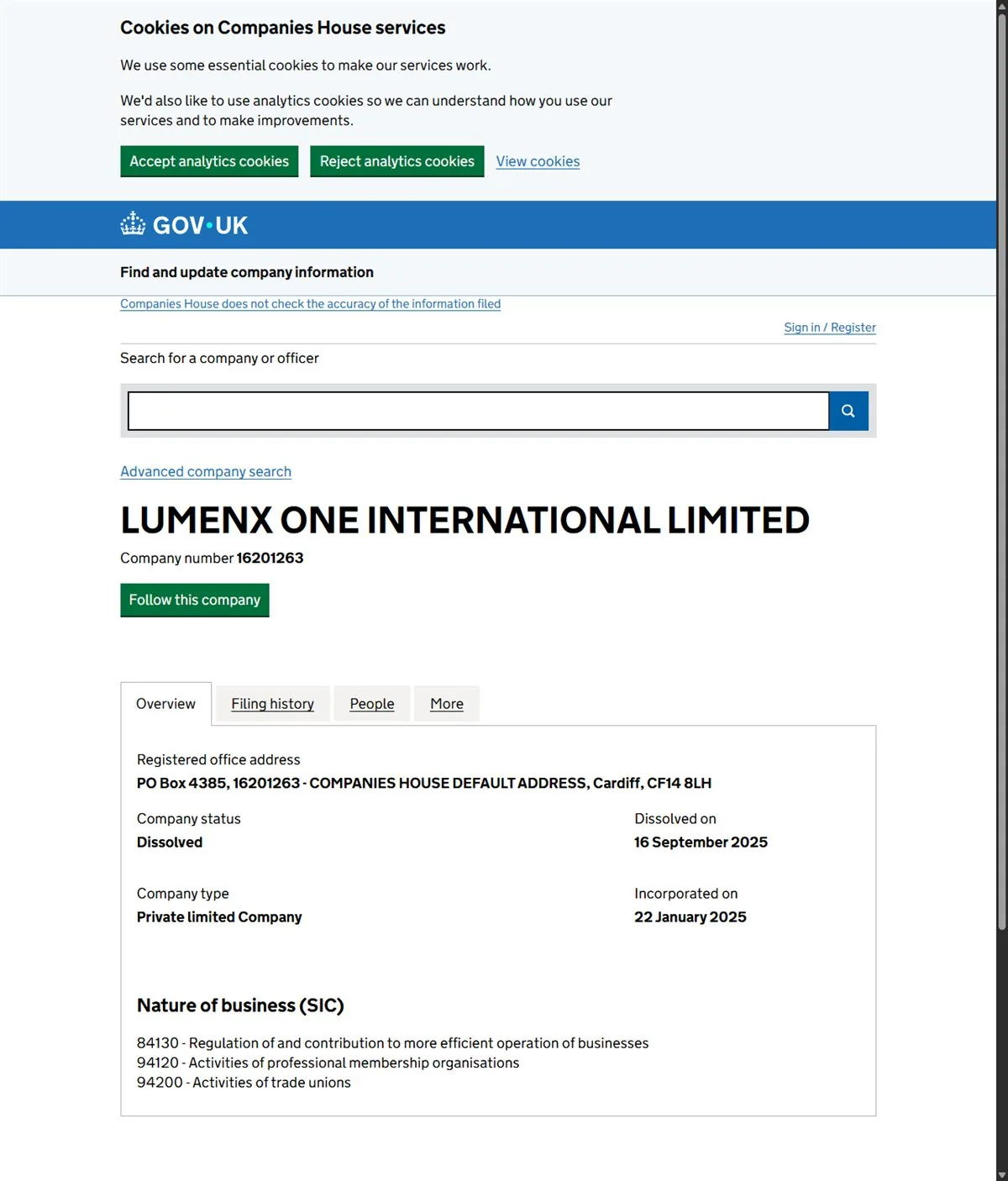 Запись Companies House: LUMENX ONE INTERNATIONAL LIMITED распущена 16 сентября 2025, адрес заменён на служебный адрес реестра в Кардиффе