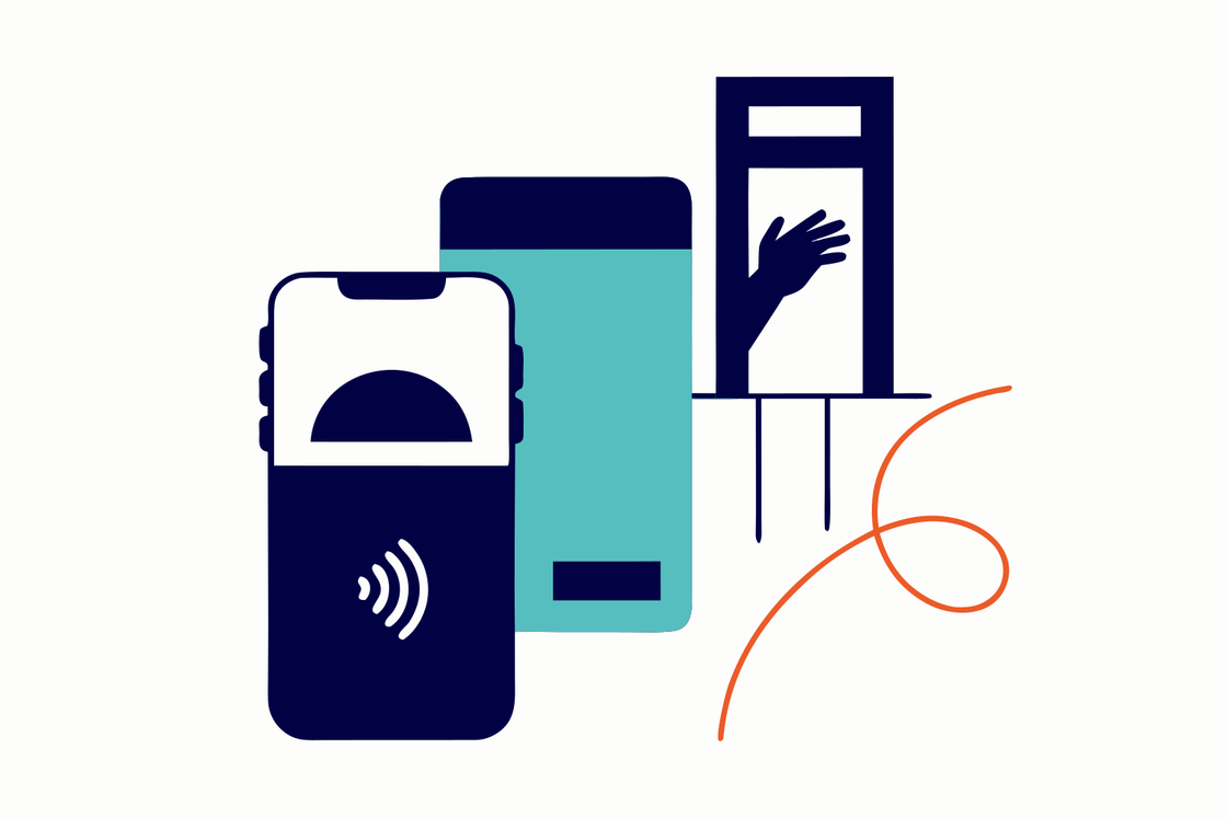 Смартфон с символом NFC рядом с банковской картой и силуэт руки у банкомата — схема ретрансляции NFC